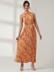 Jolie Moi Orange Halter Neck Pleated Maxi Dress - Image 6 of 7
