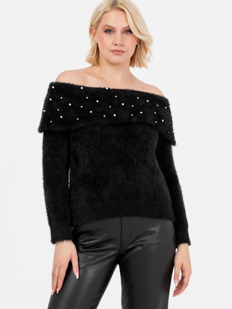 Lovedrobe Pearl Detail Bardot Jumper Dress - Image 1 of 6