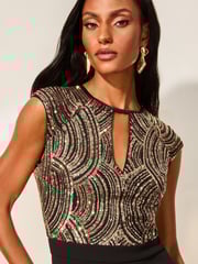 Lipsy Black Petite Sequin Keyhole Cap Sleeve Wide Leg Jumpsuit - Image 3 of 4