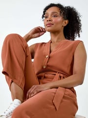Roman Brown Button Detail Pocket Jumpsuit - Image 1 of 5