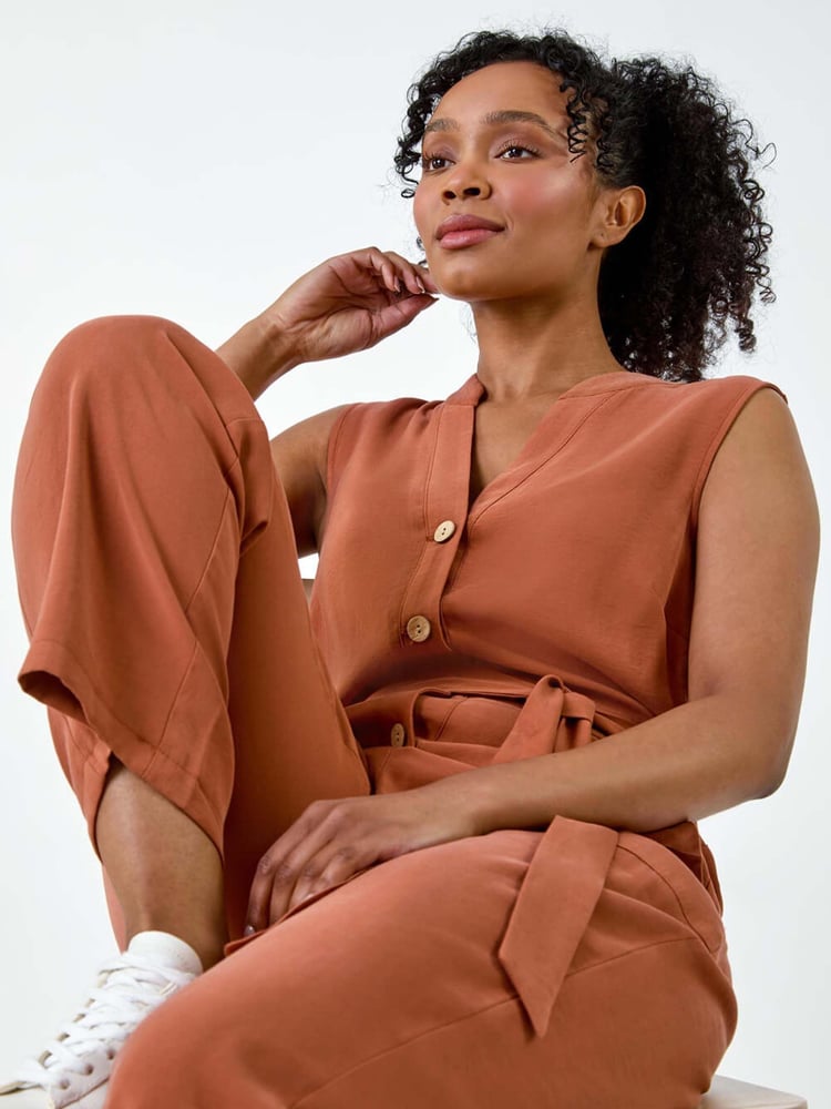 Roman Brown Button Detail Pocket Jumpsuit - Image 1 of 5