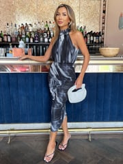 AX Paris Marble Print Halter Neck Ruched Mesh Midi Black Dress - Image 2 of 5