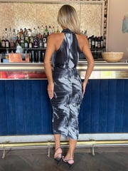 AX Paris Marble Print Halter Neck Ruched Mesh Midi Black Dress - Image 3 of 5