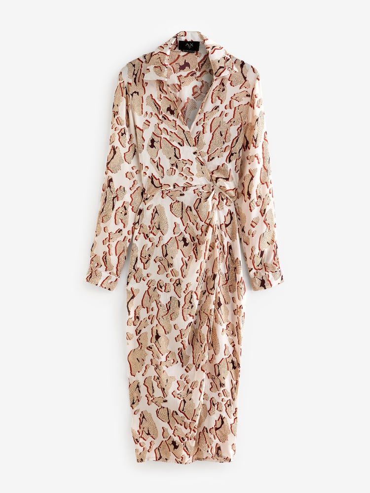 AX Paris Cream Printed Collared Wrap Midi Dress - Image 5 of 5