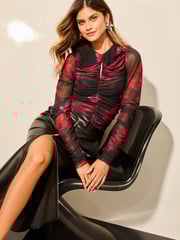 Lipsy Black Ruched Mesh Long Sleeve Top - Image 2 of 4
