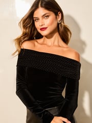 Lipsy Black Velvet Hotfix Bardot T-Shirt - Image 1 of 4