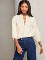 Lipsy Cream Embroidered V Neck Blouse - Image 1 of 4