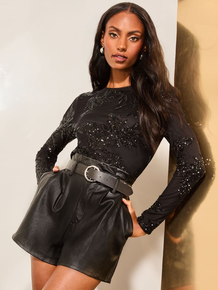 Lipsy Black Luxury Mesh Floral Sequin Detail Top - Image 1 of 4 Lipsy Black Luxury Mesh Floral Sequin Detail Top - Image 1 of 4