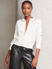 Lipsy White Diamante Trim Button Through Knitted Cardigan - Image 1 of 4