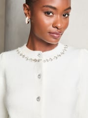 Lipsy White Diamante Trim Button Through Knitted Cardigan - Image 2 of 4