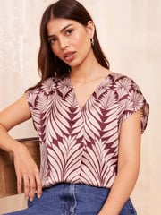Friends Like These Burgundy Palm Print Short Sleeve Satin V Neck Blouse - Image 1 of 4