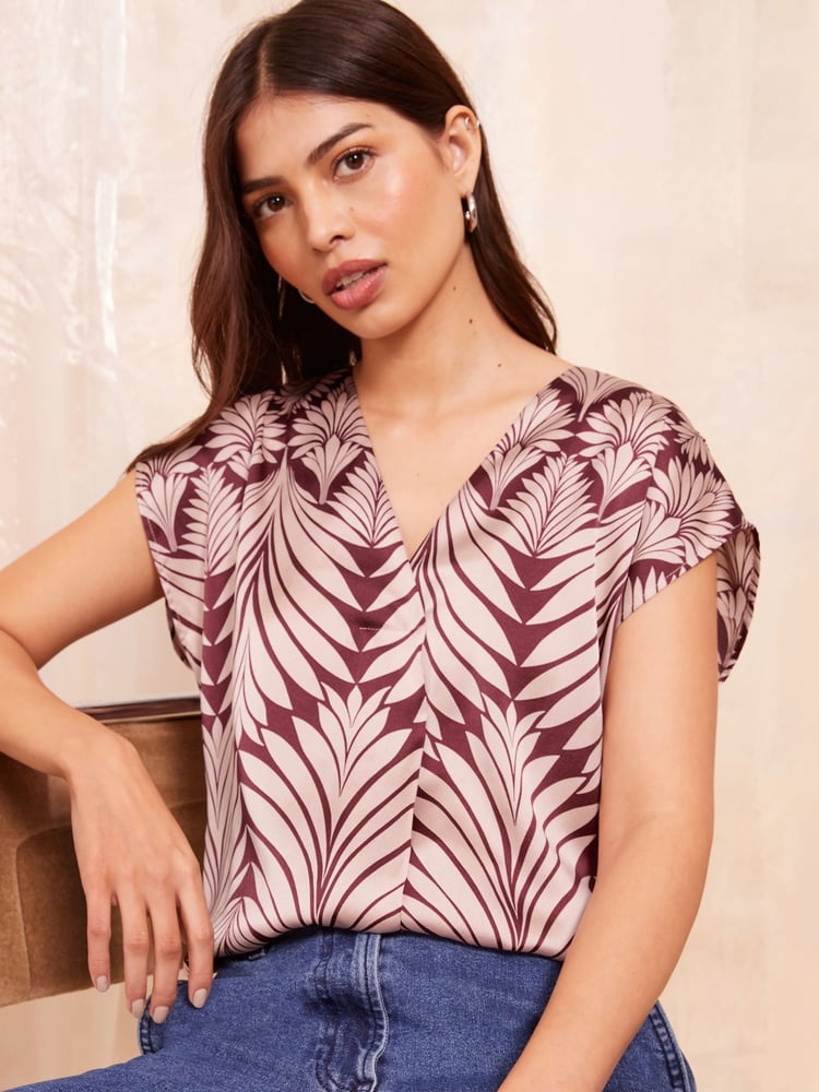 Friends Like These Burgundy Palm Print Short Sleeve Satin V Neck Blouse - Image 1 of 4
