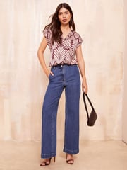 Friends Like These Burgundy Palm Print Short Sleeve Satin V Neck Blouse - Image 2 of 4