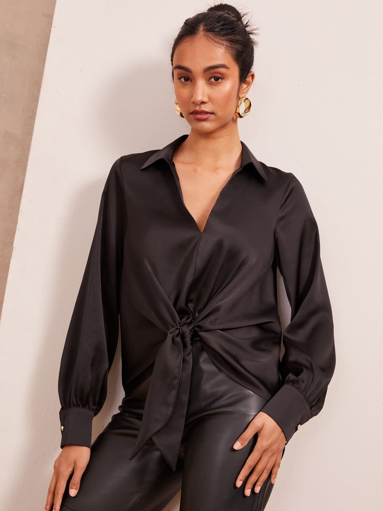 Friends Like These Black Tie Front Satin Long Sleeve Blouse - Image 1 of 4