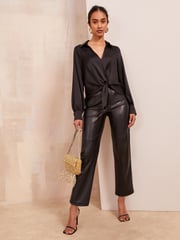 Friends Like These Black Tie Front Satin Long Sleeve Blouse - Image 3 of 4