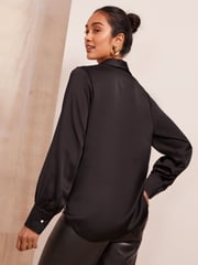 Friends Like These Black Tie Front Satin Long Sleeve Blouse - Image 4 of 4