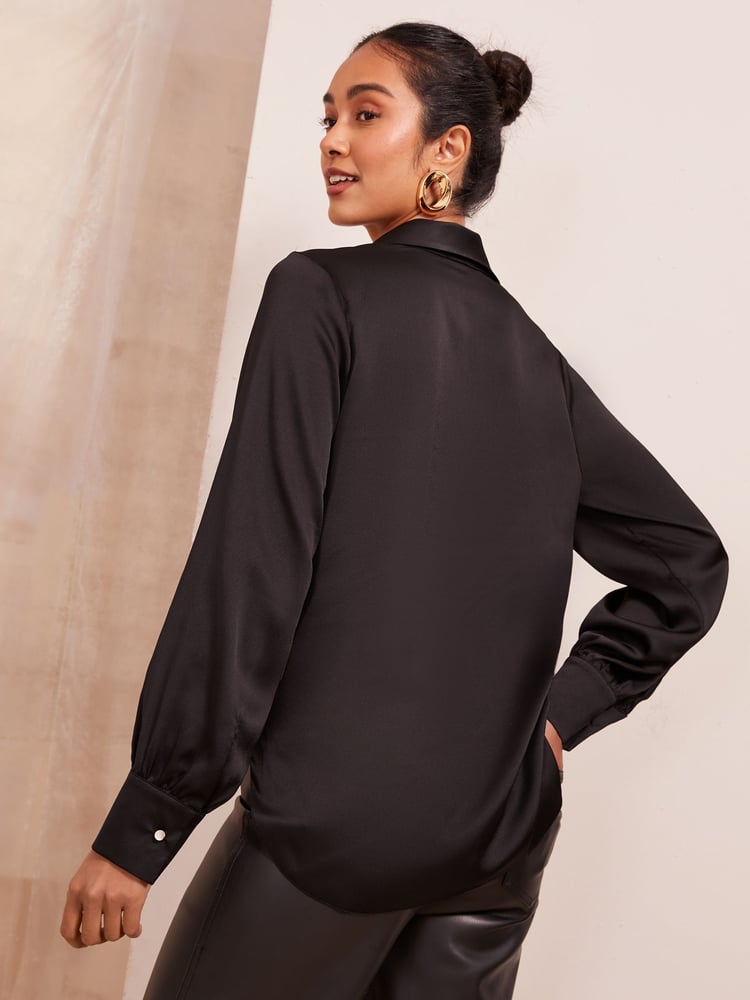 Friends Like These Black Tie Front Satin Long Sleeve Blouse - Image 4 of 4