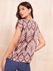 Friends Like These Burgundy Palm Print Petite Short Sleeve Satin V Neck Blouse - Image 4 of 4