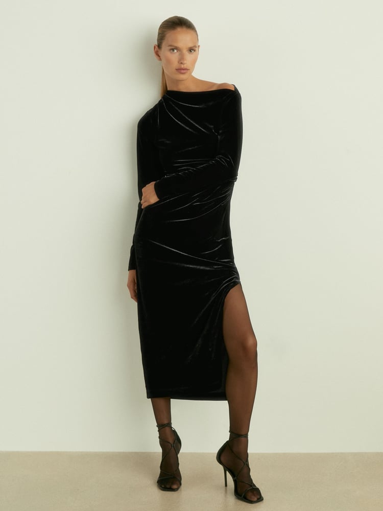 Reiss Black Brooke Off-the-Shoulder Velvet Dress - Image 1 of 5
