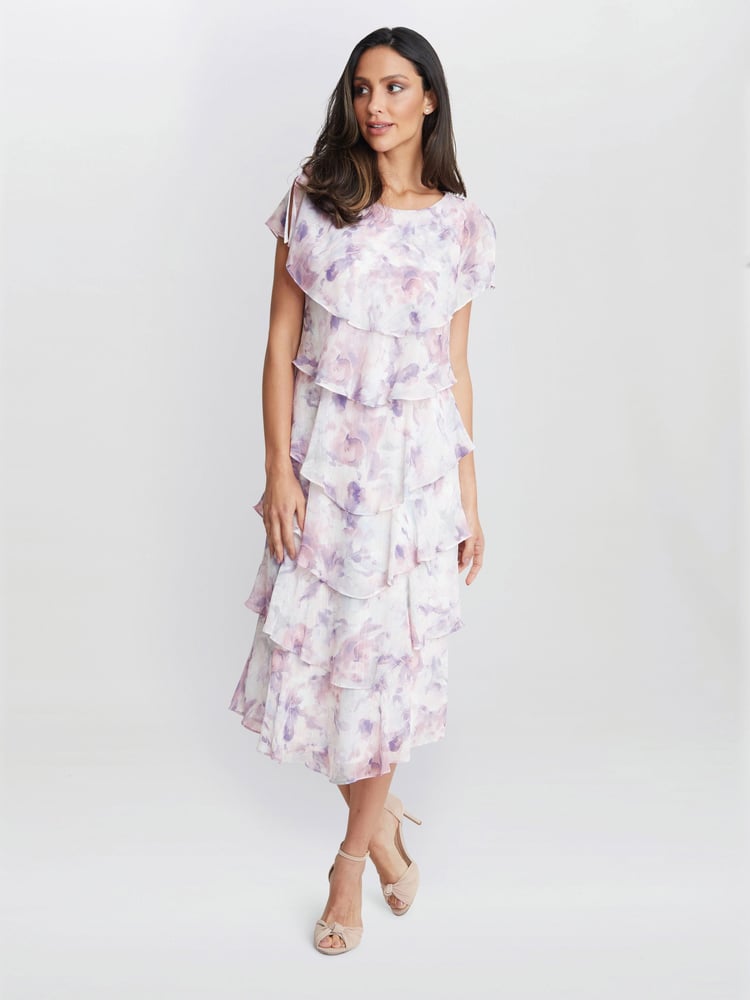 Gina Bacconi Purple Phoebe Midi Printed Tiered Dress With Shoulder Embellishment - Image 1 of 5
