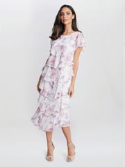 Gina Bacconi Purple Phoebe Midi Printed Tiered Dress With Shoulder Embellishment - Image 3 of 5