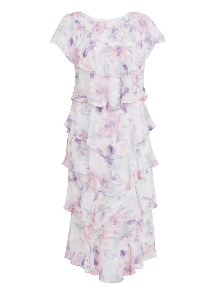 Gina Bacconi Purple Phoebe Midi Printed Tiered Dress With Shoulder Embellishment - Image 5 of 5