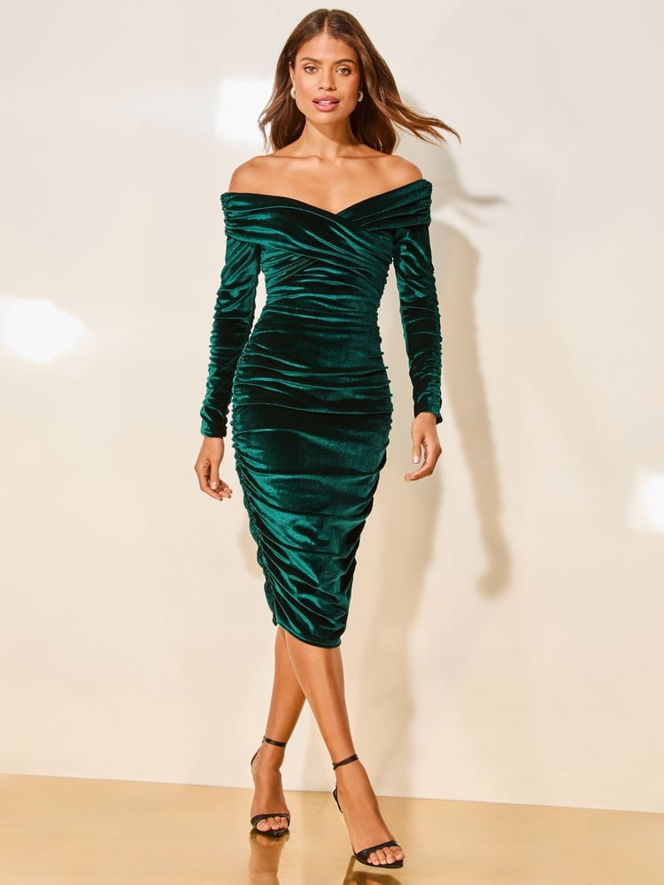 Lipsy Forest Green Velvet Long Sleeve Bardot Bodycon Midi Dress - Image 1 of 4 Lipsy Forest Green Velvet Long Sleeve Bardot Bodycon Midi Dress - Image 1 of 4