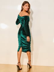 Lipsy Forest Green Velvet Long Sleeve Bardot Bodycon Midi Dress - Image 4 of 4