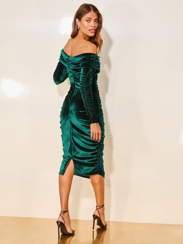 Lipsy Forest Green Velvet Long Sleeve Bardot Bodycon Midi Dress - Image 4 of 4
