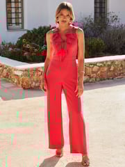 Sosandar Pink Ruffle Detail Wide Leg Jumpsuit - Image 1 of 5