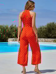 Sosandar Orange Spot Print Ladder Detail Halter Neck Jumpsuit - Image 2 of 5