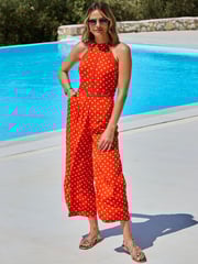 Sosandar Orange Spot Print Ladder Detail Halter Neck Jumpsuit - Image 3 of 5