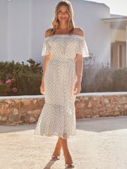 Sosandar White Spot Print Bardot Tiered Maxi Dress - Image 2 of 5