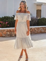 Sosandar White Spot Print Bardot Tiered Maxi Dress - Image 4 of 5
