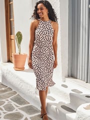 Sosandar Cream Spot Print Stretch Waist Halter Neck Jersey Dress - Image 5 of 5