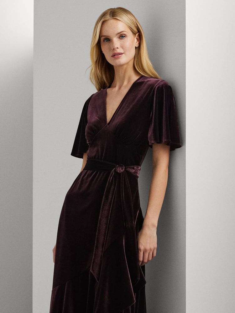 Lauren Ralph Lauren Velvet Belted V-Neck Dress - Image 2 of 8