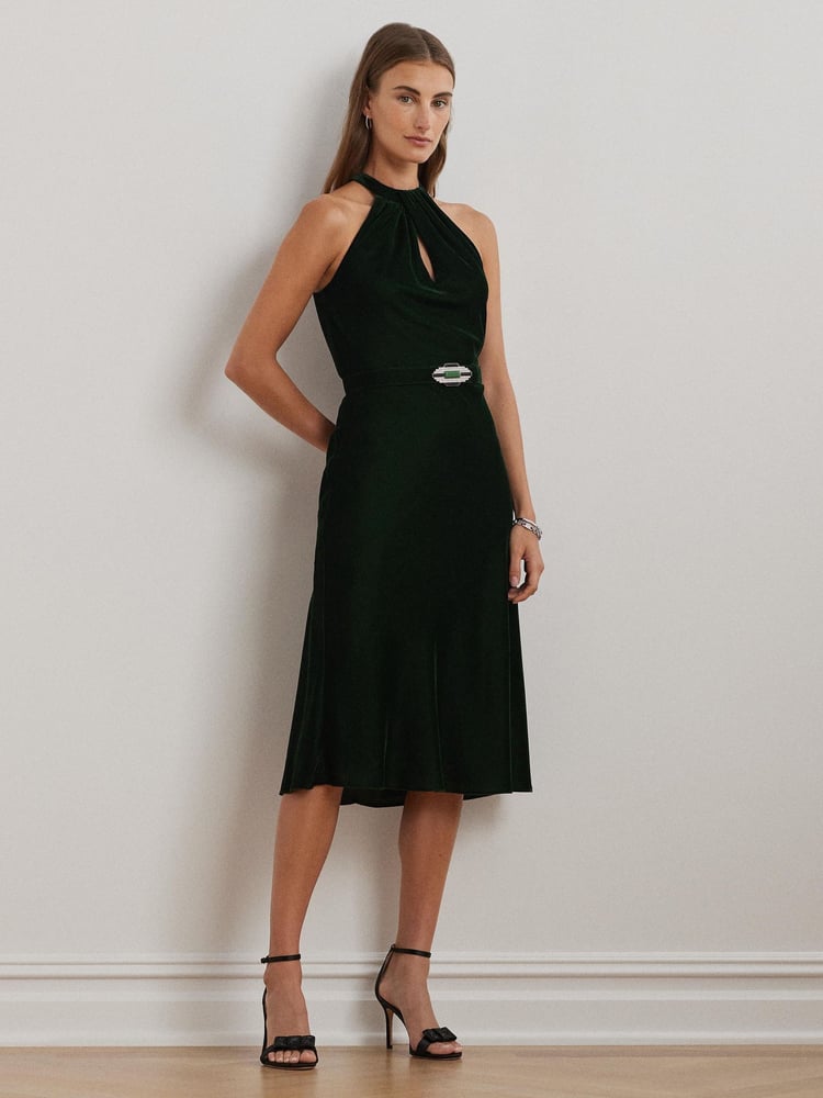 Lauren Ralph Lauren Velvet Halter 100% Cotton Midi Dress - Image 1 of 8