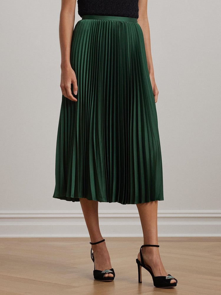 Lauren Ralph Lauren Pleated Satin Midi A Line Skirt - Image 1 of 6