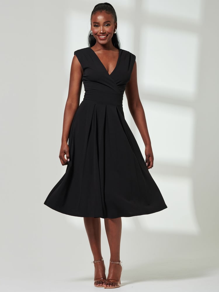 Jolie Moi Black Yuina Scuba Pleated Flare Midi Dress - Image 6 of 6