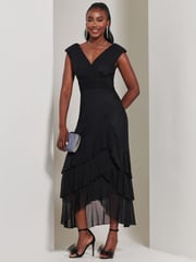 Jolie Moi Black Wrap Bodice Mesh Frill Maxi Dress - Image 1 of 6