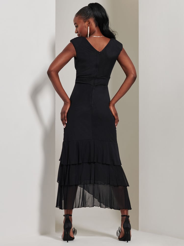 Jolie Moi Black Wrap Bodice Mesh Frill Maxi Dress - Image 2 of 6