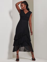 Jolie Moi Black Wrap Bodice Mesh Frill Maxi Dress - Image 5 of 6