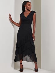 Jolie Moi Black Wrap Bodice Mesh Frill Maxi Dress - Image 6 of 6