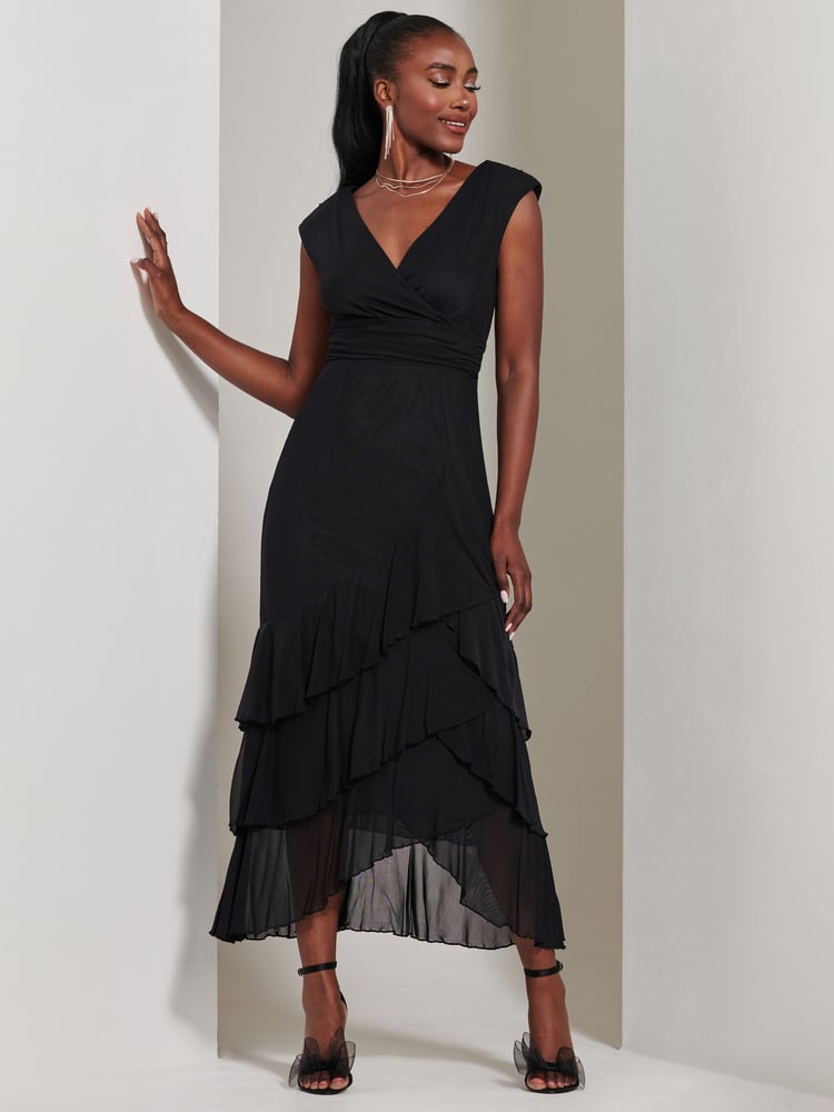 Jolie Moi Black Wrap Bodice Mesh Frill Maxi Dress - Image 6 of 6