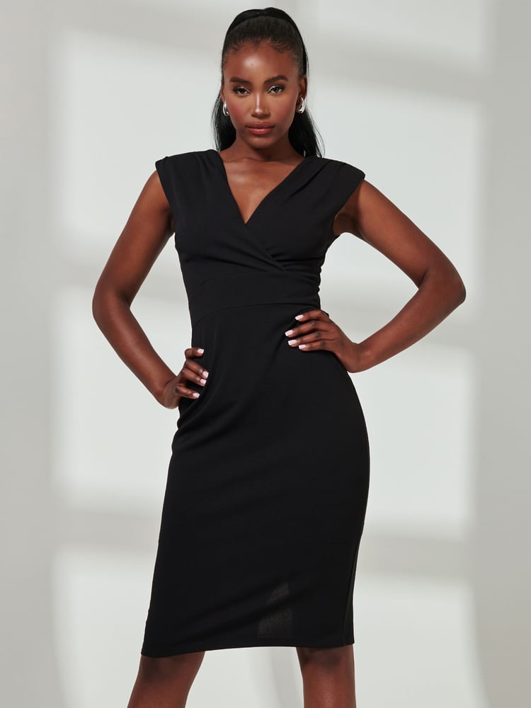 Jolie Moi Black Yiskah Wrap  Bodice Pencil Dress - Image 6 of 6