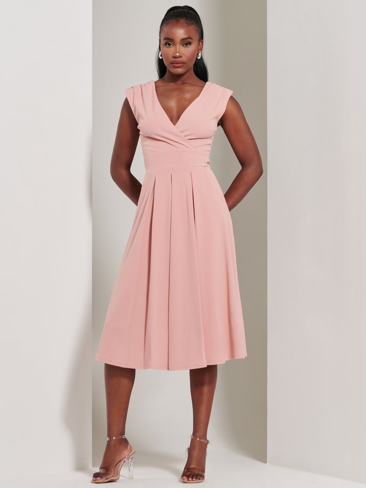 Jolie Moi Pink Yuina Scuba Pleated Flare Midi Dress - Image 1 of 6