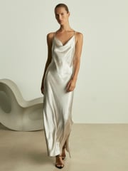 Reiss Silver Paisley Cowl-Neck Hammered-Satin Slip Dress - Image 1 of 6