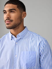 Blue 100% Cotton Long Sleeve Stripe Poplin Oxford Shirt - Image 4 of 7
