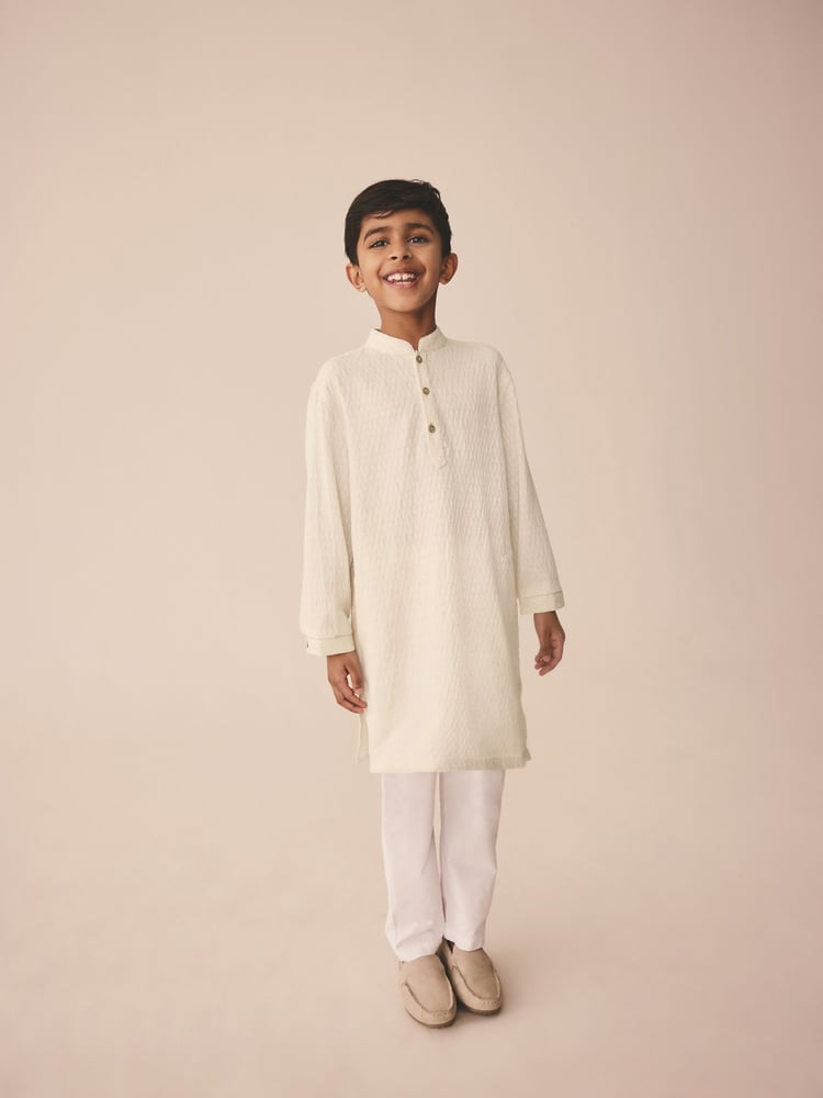 Ecru Textured Jacqard EID Kurta (3mths-16yrs) - Image 2 of 9