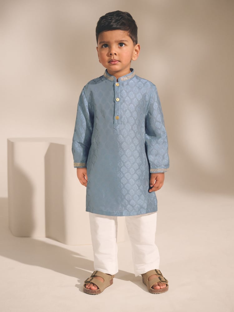 Blue Leaf Embroidered EID Kurta (3mths-16yrs) - Image 1 of 9